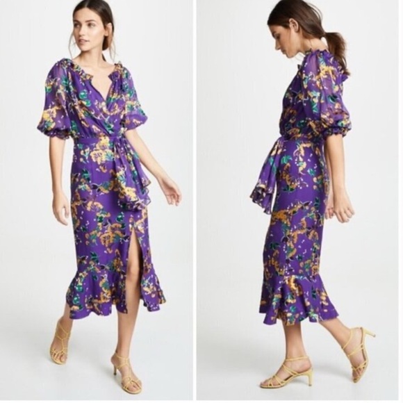 NWT SALONI Olivia Floral Printed Silk Midi Dress ~ Violet Sweetpeas SZ 10 - Picture 2 of 11